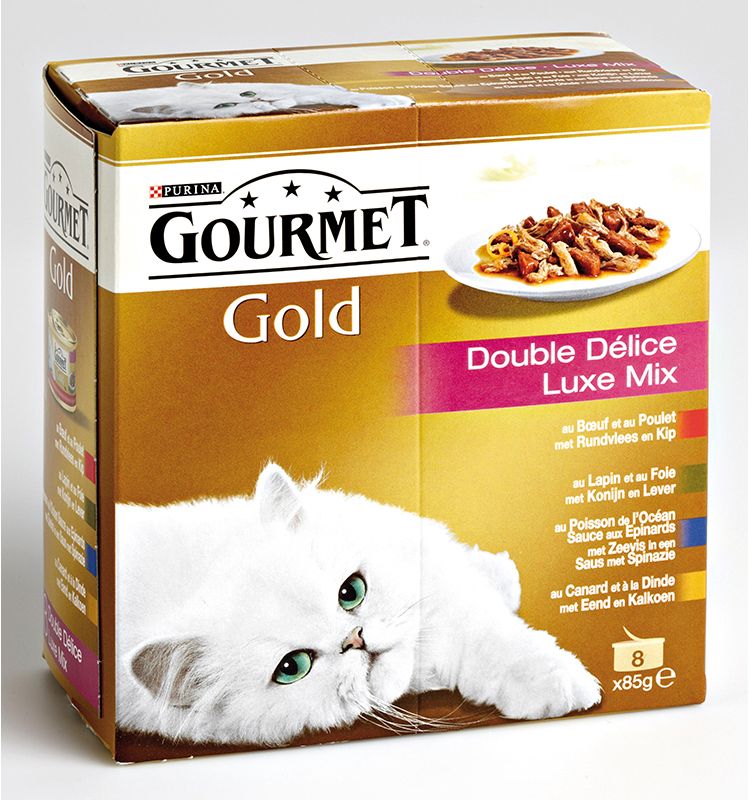 Voorman wetenschappelijk Vluchtig Dier :: Katten :: Voeding & Toebehoren :: Blikvoer :: Gourmet :: GOURMET -  GOLD LUXE MIX 12X85 GR VIS & VLEES ADULT